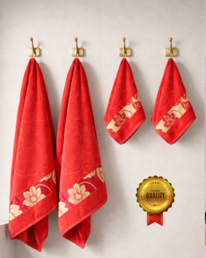 2 piece bath & 2Pc hand towel Combo Golden petals(Corel Pink)